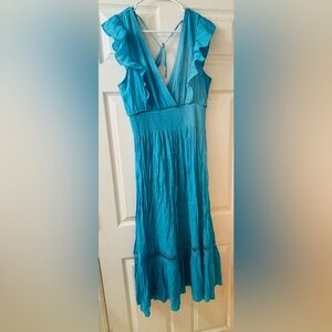 Bright Turquoise Ruffle V-Neck Midi Dress